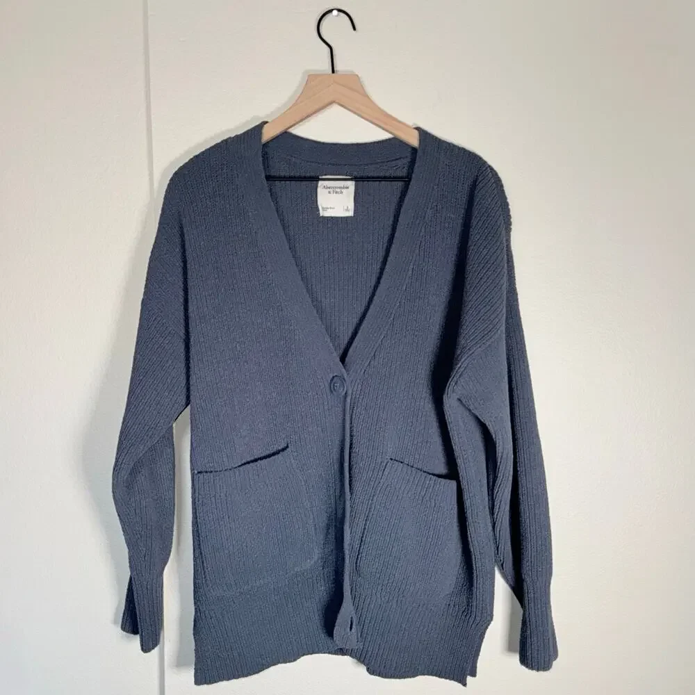 ABERCROMBIE & FITCH chunky knit old money men’s slate blue preppy cardigan S